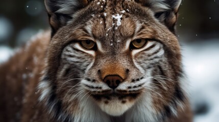 Fototapeta premium Close-up of a lynx's face in the snowy forest. Generative AI