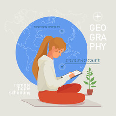 remote homeschooling geography, girl study online at home, education, sitting on the floor with tablet 