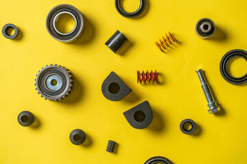 new car spare parts flat lay, pieces for automobile engine repair, flat lay