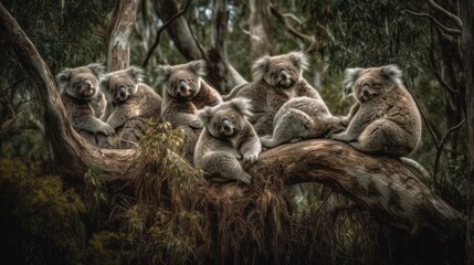 Group of koalas sleeping on eucalyptus trees. Generative AI