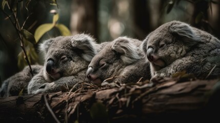Group of koalas sleeping on eucalyptus trees. Generative AI