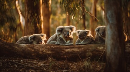 Group of koalas sleeping on eucalyptus trees. Generative AI