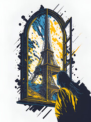 looks out the window at the beautiful Paris city. Concept. AI generated illustration