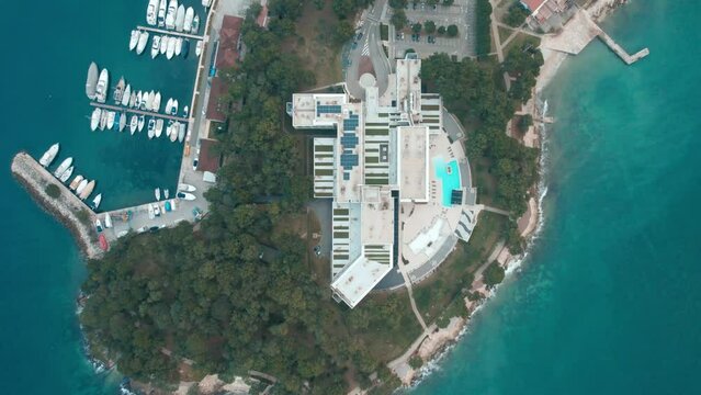 Aerial drone footage of a large hotel in the popular summer resort of Porec, Croatia