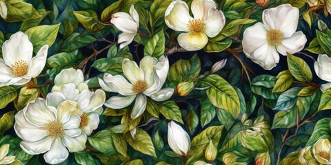 Obraz na płótnie Canvas Nature's Delight - A watercolor and pencil seamless pattern illustration that captures the delicate elegance of white flowers for wedding stationary, wallpapers, backgrounds, wrappers, cards.