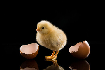 Yellow chick hatching from egg on black background