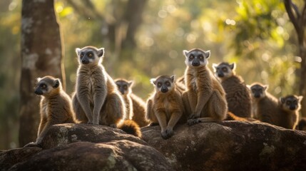 Group of lemurs sunbathing on a rock in the jungle. Generative AI - obrazy, fototapety, plakaty
