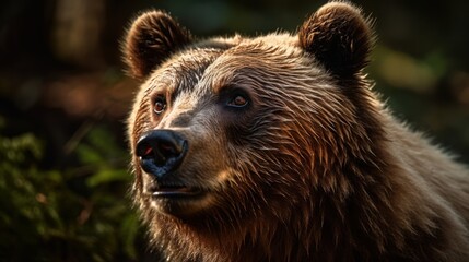 Close-up of a grizzly bear's face in the forest. Generative AI