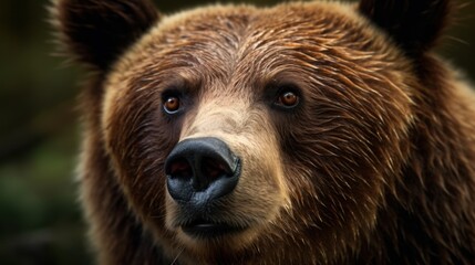Close-up of a grizzly bear's face in the forest. Generative AI