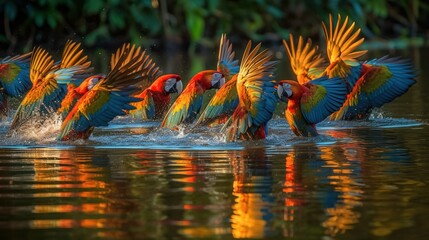 Group of macaws flying over the Amazon river. Generative AI