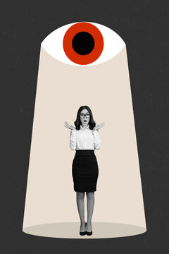 Vertical collage picture of big painted eye watching spy impressed mini black white colors girl isolated on dark grey background