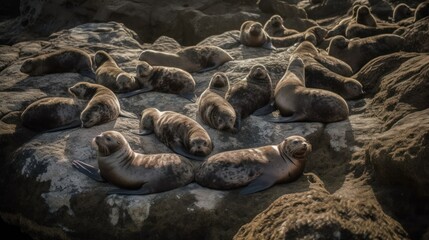 Fototapeta premium Group of seals sunbathing on a rock in the sea. Generative AI