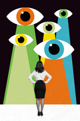 Vertical collage image of big eyes watching spy mini black white gamma girl isolated on creative...