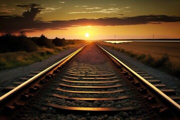 Fototapeta na wymiar scenic train track at sunset. Generative AI