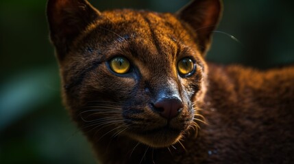 Close-up of a jaguarundi's face in the forest. Generative AI