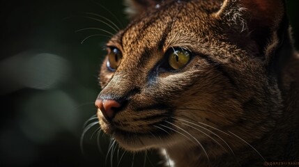 Obraz premium Close-up of a jaguarundi's face in the forest. Generative AI