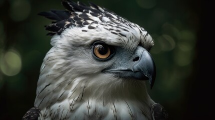 Close-up of a harpy eagle's face in the forest. Generative AI