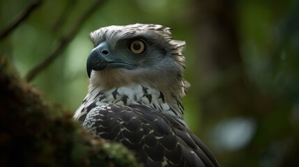 Close-up of a harpy eagle's face in the forest. Generative AI