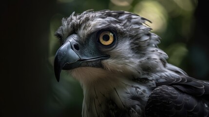 Close-up of a harpy eagle's face in the forest. Generative AI - obrazy, fototapety, plakaty