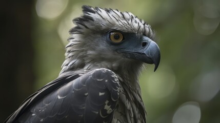 Close-up of a harpy eagle's face in the forest. Generative AI