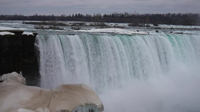 Beautiful view of the Niagara Falls in Canada with a dark cloudy sky above