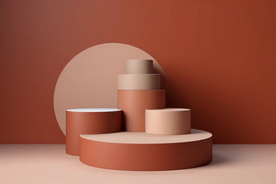 Blush pink and terracotta monochrome podium display background and natural shadow. Beauty product promotion mockup. Round stand for cosmetic products. Generative AI