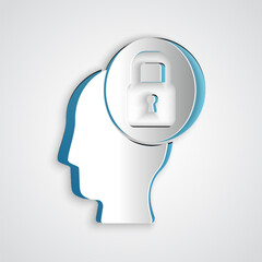 Paper cut Human head with lock icon isolated on grey background. Paper art style. Vector