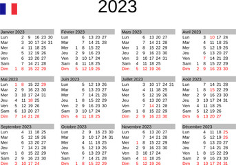 calendar of year 2023 in French language with France public holidays