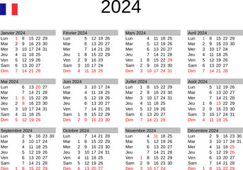 Fototapeta na wymiar calendar of year 2024 in French language with France public holidays