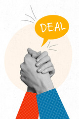 Vertical collage image of two black white effect people arms handshake deal bubble isolated on...