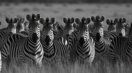 Fototapeta na wymiar Group of zebras grazing on a grassy plain. Generative AI