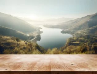 Tuinposter Brown wood table on mountain and lake landscape with empty copy space on the table for product display mockup for relax in holiday or outdoor nature © Yanukit