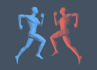Fototapeta na wymiar Two athletes run at each other. Running man or marathon runner. Design for sport. 3D human body model. Vector for brochure, flyer, presentation or banner.