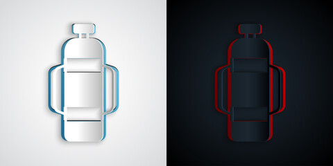 Paper cut Aqualung icon isolated on grey and black background. Oxygen tank for diver. Diving equipment. Extreme sport. Diving underwater equipment. Paper art style. Vector