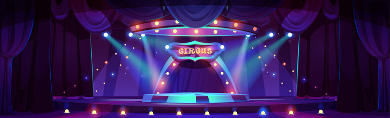 Cartoon night circus ring stage inside vector background. Dark theater amusement show scene backdrop illustration with spotlight and garland near platform. Evening festival podium for magician event. © klyaksun