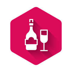 White Champagne bottle with glass icon isolated with long shadow background. Pink hexagon button. Vector