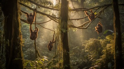 Group of orangutans swinging on tree branches in the jungle. Generative AI