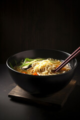 Bol de ramen japon&eacute;s en fondo oscuro. Generative ai.