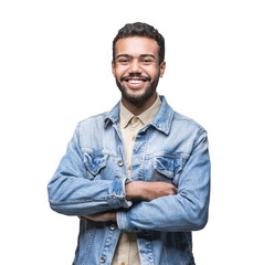 Portrait of handsome smiling young man with folded arms isolated transparent PNG, Joyful cheerful casual businessman with crossed hands studio shot - 591821571