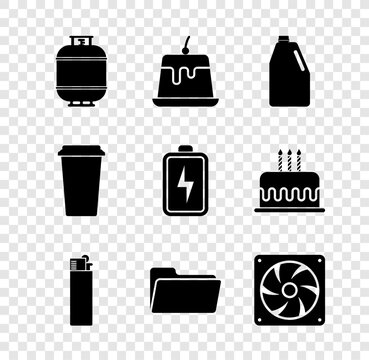 Set Propane gas tank, Pudding custard, Household chemicals bottle, Lighter, Folder and Computer cooler icon. Vector