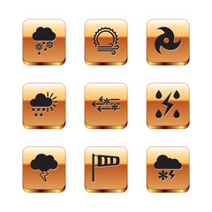 Set Cloud with snow and rain, Storm, Cone meteorology windsock wind vane, Wind, Cloudy, Tornado, lightning and sun icon. Vector