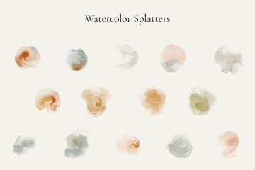Watercolor Splatters Set. Elegant abstract alcohol ink splash in earthy tones. Aesthetic Branding and Invitation Element. Alcohol ink splash collection