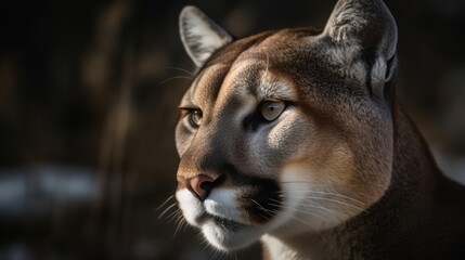 Close-up of a mountain lion's face in the forest. Generative AI