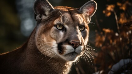 Close-up of a mountain lion's face in the forest. Generative AI