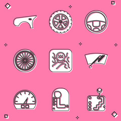 Set Car fender, wheel, Steering, Gear shifter, Windscreen wiper, Speedometer and icon. Vector