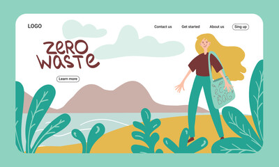 Zero waste internet shop concept. Landing page template. Web banner. Girl with eusable bag. Eco life.