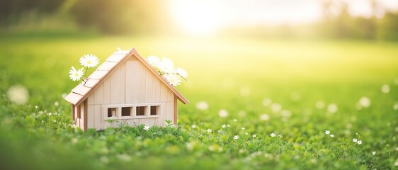 Miniature model of a wooden house on a meadow, the concept of suburban real estate in the village. Generative AI.