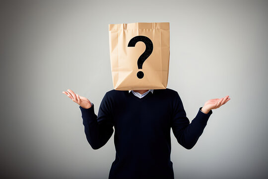 A businessman with a package on his head hid his head. Question mark, solution idea. Generative AI.