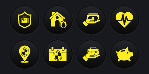 Set Location shield, Health insurance, Calendar with, Hand holding briefcase, Stacks paper money cash, Fire burning house, Piggy bank and Travel suitcase icon. Vector