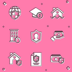 Fototapeta na wymiar Set Shield with world globe, Graduation cap and coin, House flood, Fire burning house, Life insurance shield, Stacks paper money cash, and Contract icon. Vector